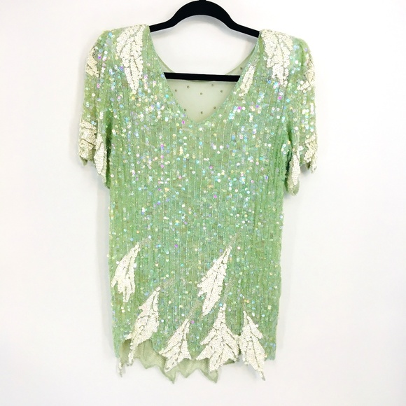 Vintage Green Sequin Short Sleeve Floral Blouse - Picture 7 of 8
